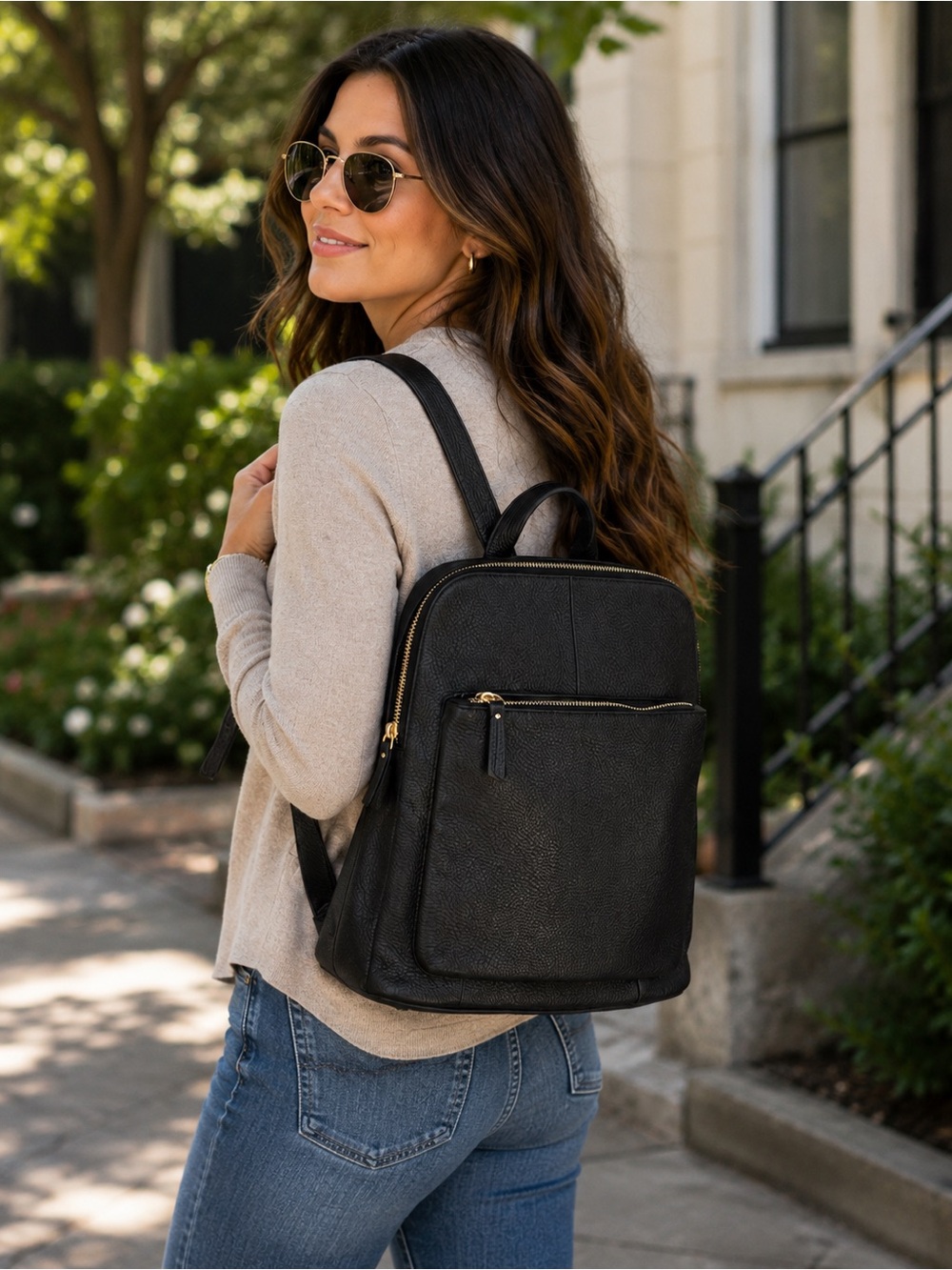L.Credi Genuine Leather Black Convertible Backpack Gold Hardware Made in Italy